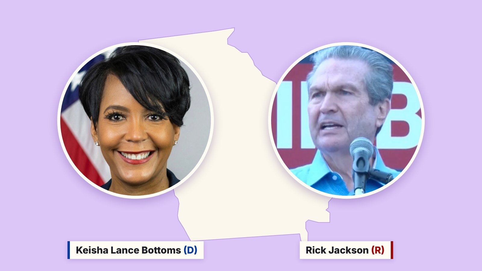 Photos of Keisha Lance Bottoms, left, and Rick Jackson, right, in circles over a cream outline of Georgia on a purple background.
