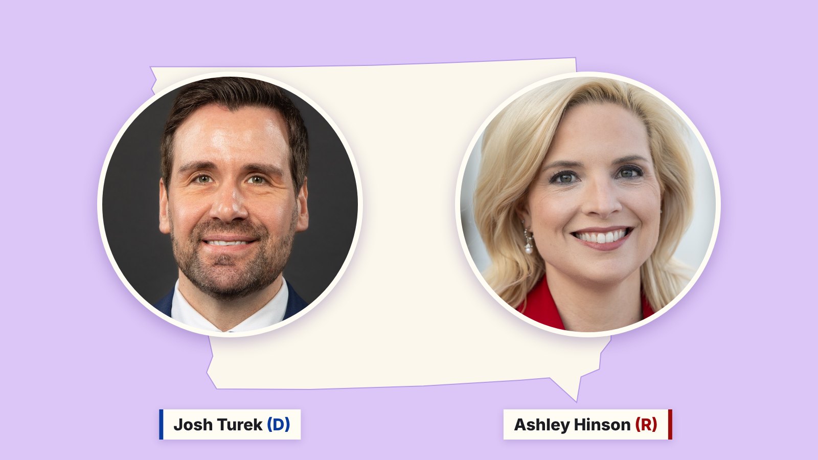 Photos of Josh Turek, left, and Ashley Hinson, right, in circles over a cream outline of Iowa on a purple background.