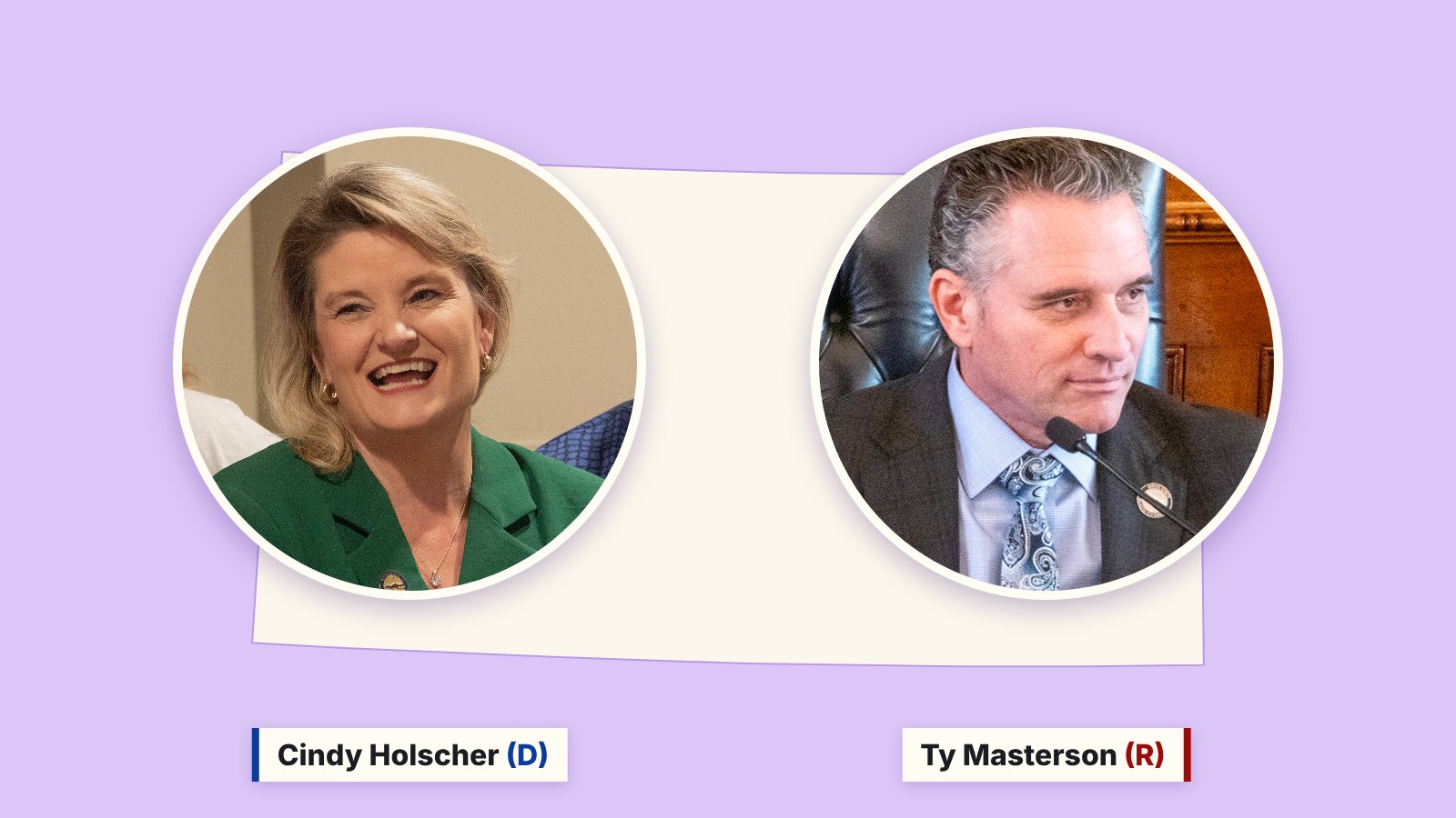 Photos of Cindy Holscher, left, and Ty Masterson, right, in circles over a cream outline of Kansas on a purple background.